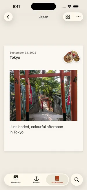 A Placefold scrapbook page from Tokyo with a photo of red torii gates, a pancake sticker and one sentence about the afternoon.