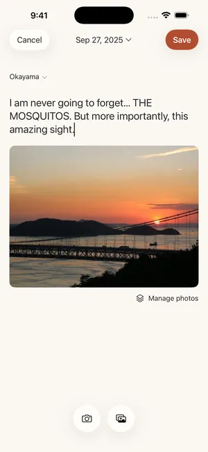 Writing a memory in Placefold: one sentence about Okayama with a sunset photo over a bridge.