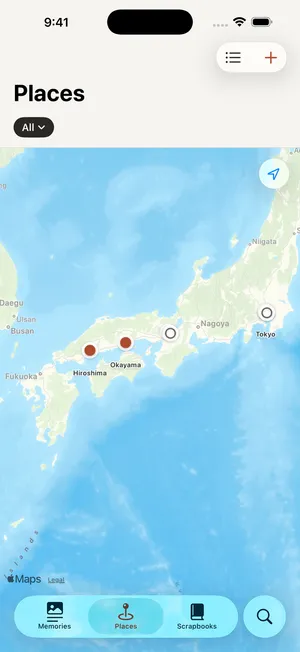 Placefold Places map of Japan with saved places pinned in Hiroshima, Okayama and Tokyo.