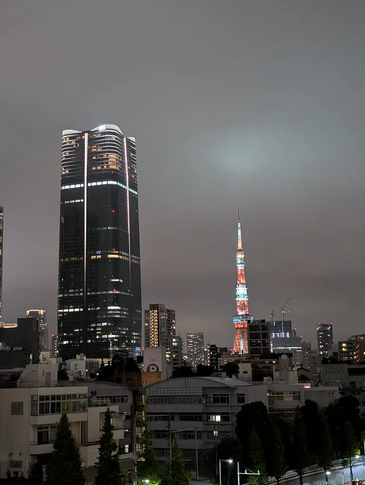 Nighttime skyline view of Tokyo Tower lit in red and white beside a tall dark skyscraper, with smaller city buildings and trees in the foreground under an overcast sky.